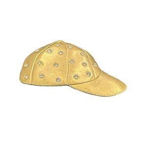 Vintage JJ Brushed Matte Gold Tone Baseball Hat Clear Rhinestones Brooch Pin